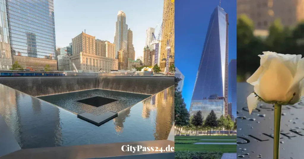 9/11 Memorial Platz NYC mit blumen inschrift