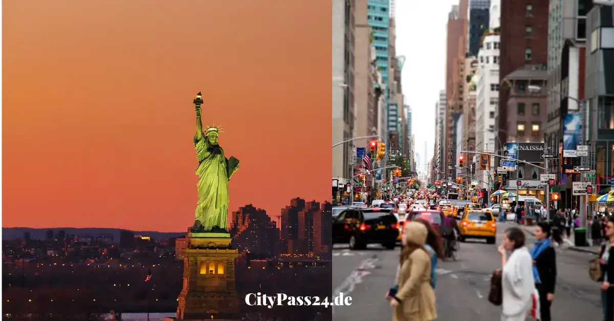 new york city statue liberty abend roter himmel gelbe taxen kreuzung menschen