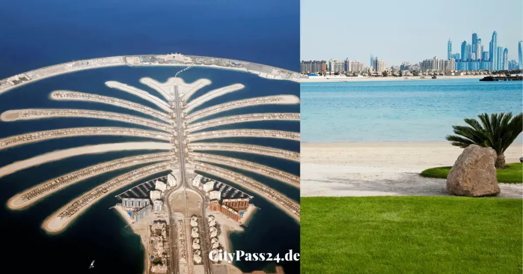 palm jumeirah island from above and beach view
