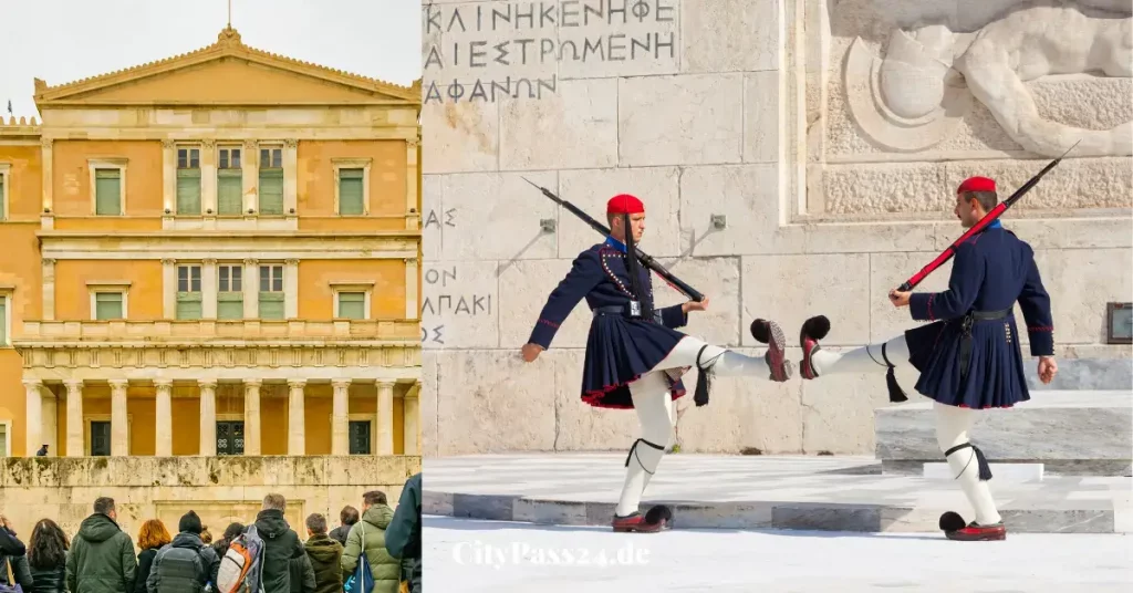 Syntagma platz mit touristen und griechische wache marsch