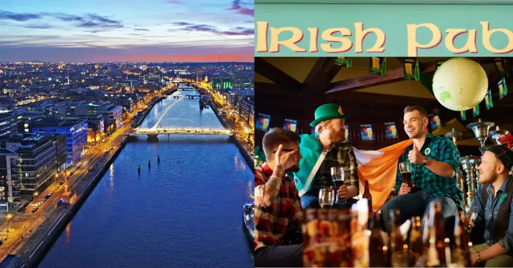 liffey fluss irland dublin bei nacht leuchtend und irish pub gäste