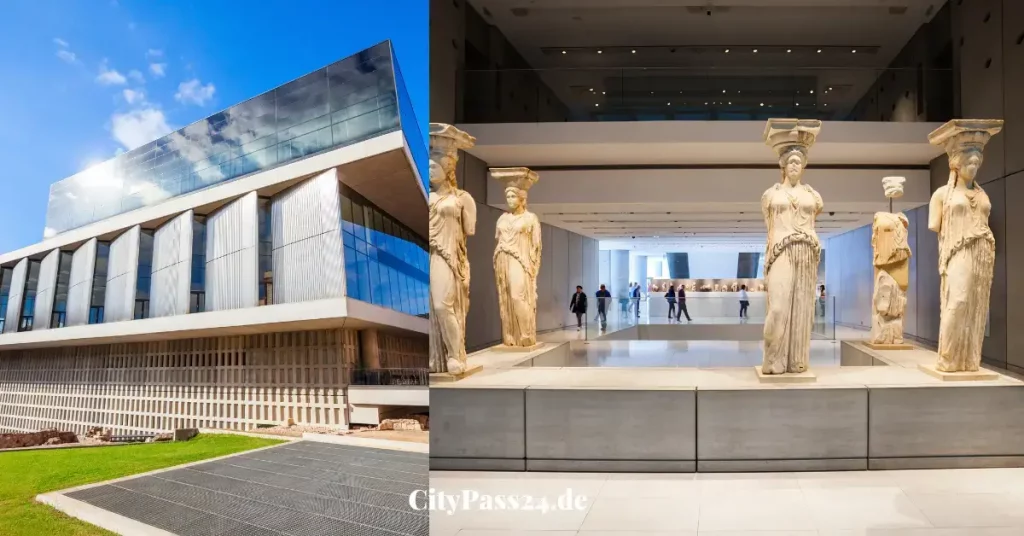 neues akropolis musem aussenfassade glass innen mit weiblich skulputren im quadrat