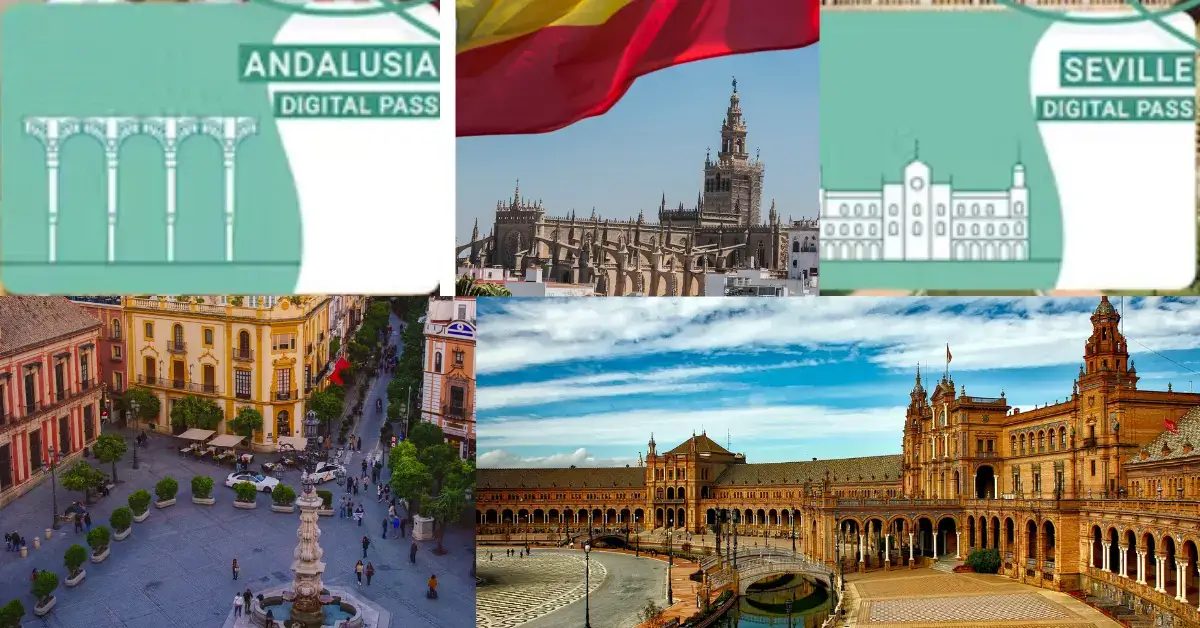 Plaza de Espana Sevilla mit Kathedrale sowie spanische Flagge und Stadtzentrum mit Menschen