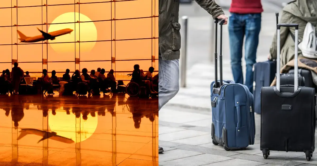 flugstreik deutschland passagiere am airport mit gepäck stehend und sitzend flugzeug fliegt ab mit abend sonne