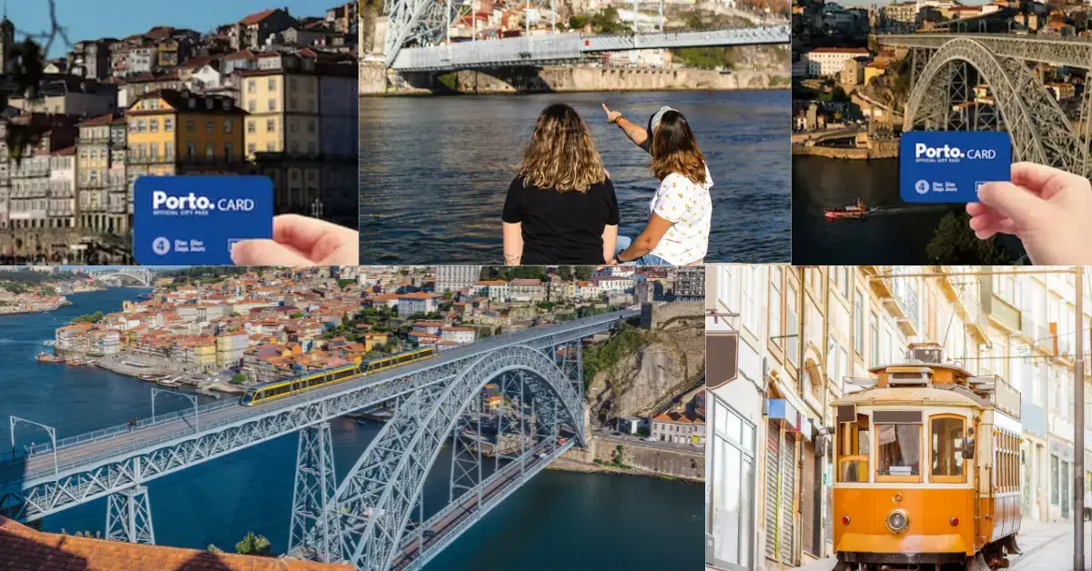 luis I Brücke Porto Panorama mit Duoro Fluss und Touristinnen sowei Häuser am Hang