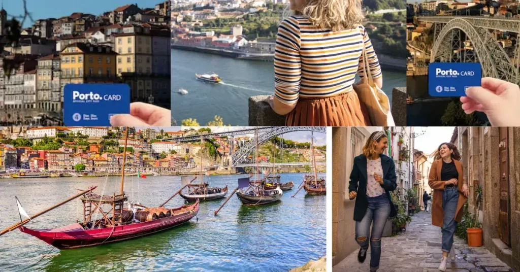 touristinnen laufen durch Porto altstadt und blick über unter douro fluss mit alten segelschiffe