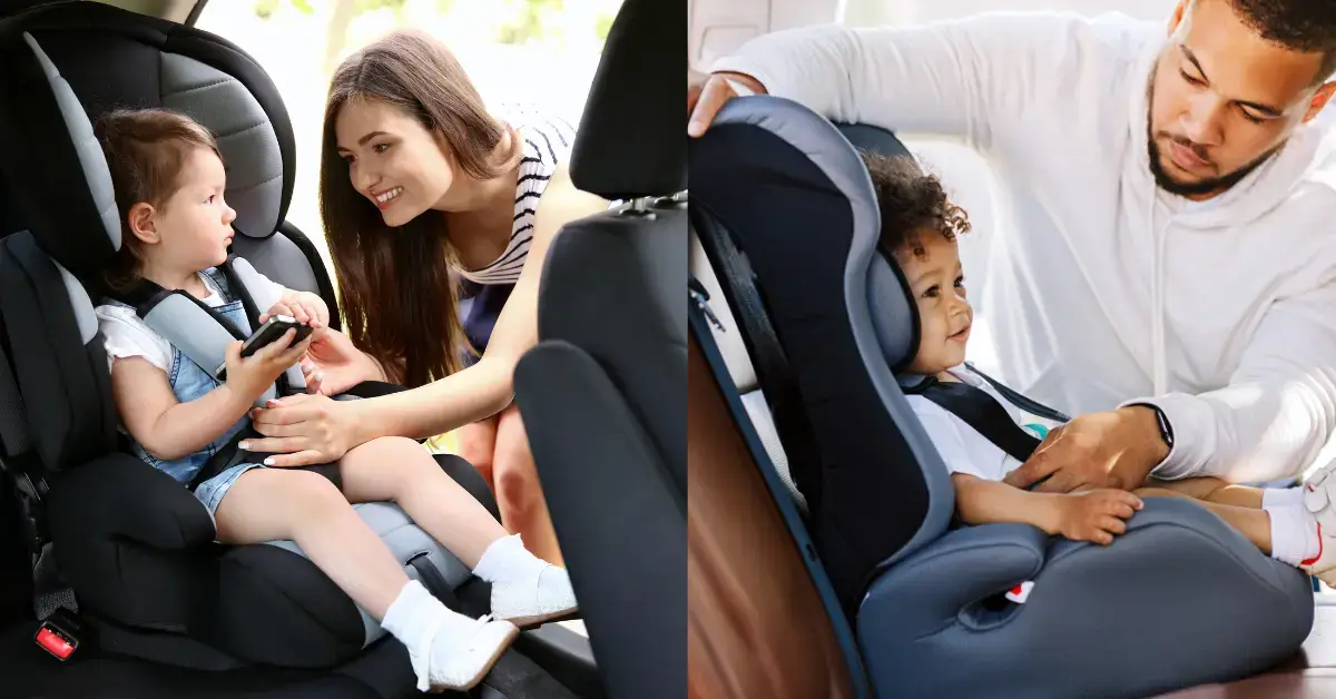 fröhliche mutter mit kind befestigt im auto kindersitz und vater stellt reise autositz mit kind ein