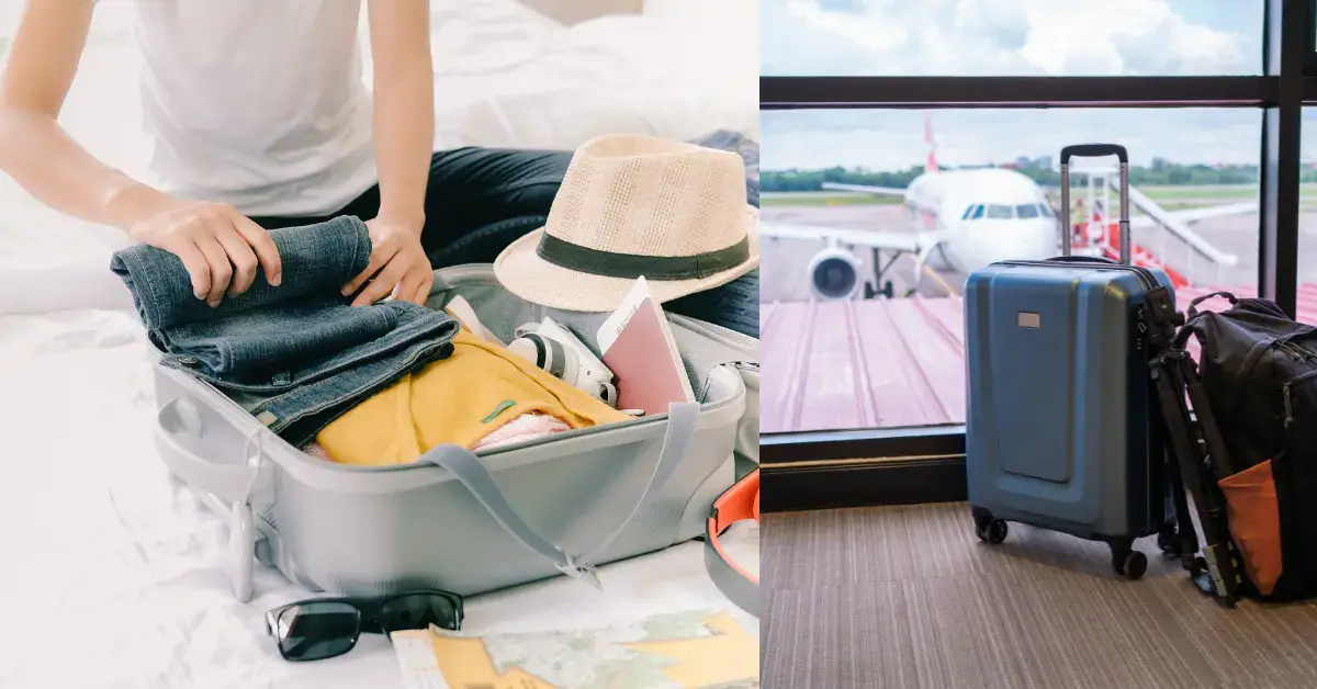 urlauber packt offenen reisekoffer ein und 2 rollkoffer am flughafen vorm flugzeug gegenüber allein stehend
