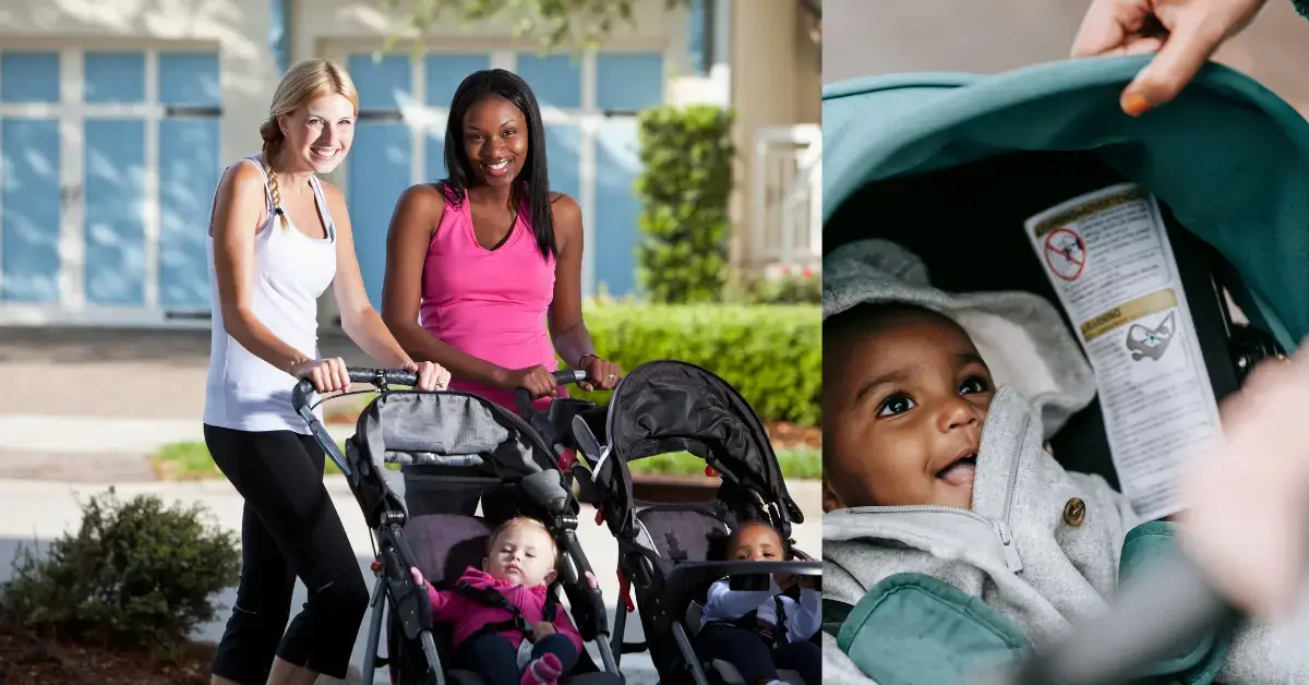 zwei müttern mit reise kinderwagen plus babys und ein lachendes baby im buggy