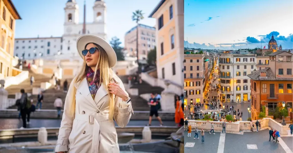 coole touristin mit sonnenbrille hut blazer vor der spanischen treppe in rom und abends touristin panoramablick rom