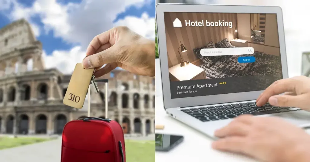laptop guenstige hotel buchung rom und reisekoffer vorm petersdom