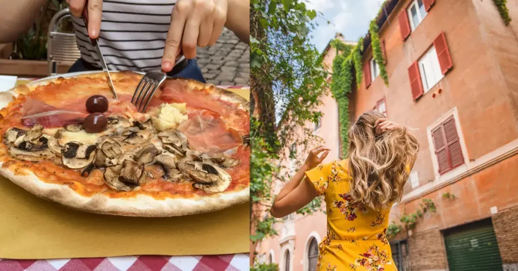 rom einheimischer isst grosse pizza im restaurant und touristin vor schöner stadtarchitektur im szene viertel trastevere