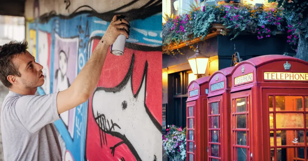 street-art-künstler-bemalt-eine-wand-london-und-zwei-ikonische-rote-telefon-boxen-vorm-pub