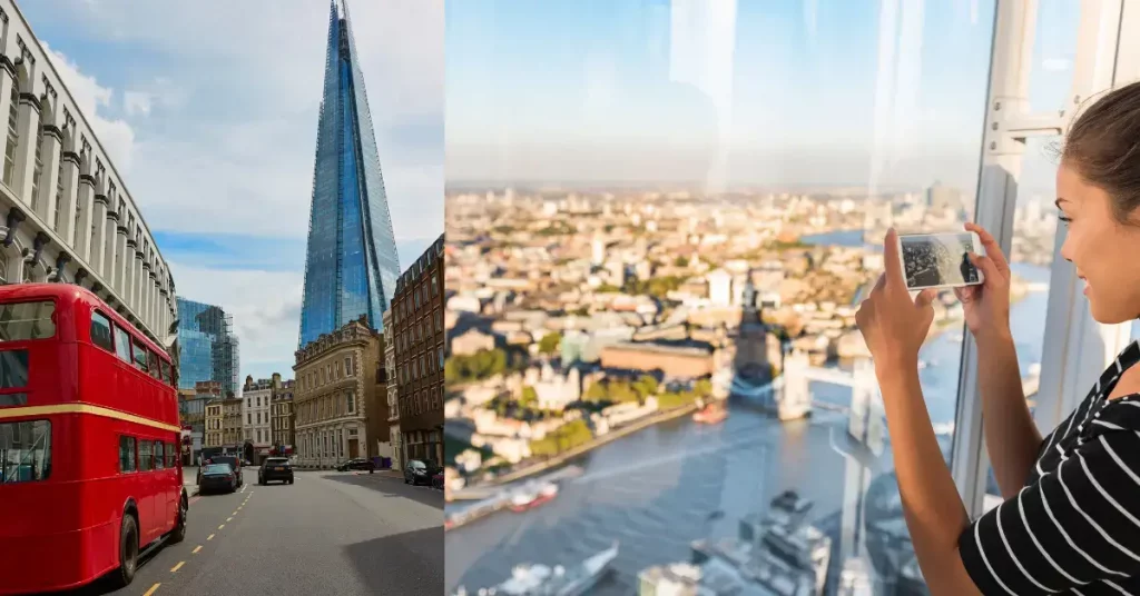 the shard london von unten mit doppeldeckerbus und touristin nimmt london skyline fotos vom shard oben