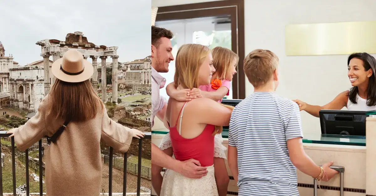 touristin vorm forum romanum panorama bllick und deutsche familie mit Kinder im designer horel checkin mit hotelpersonal