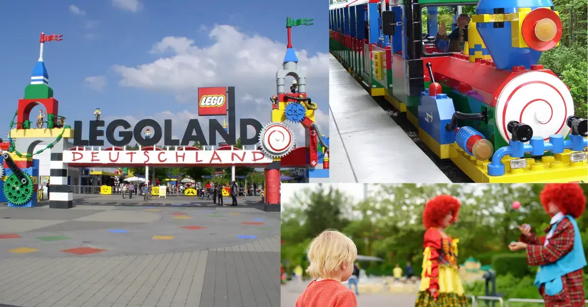 legoland deutschland haupteingang sowie grosse lego damplokomotive und kind staunt über lego personen im freizeitpark