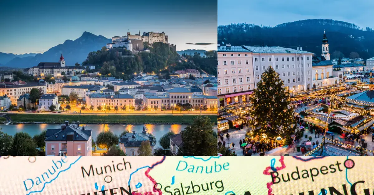 Salzburg Panorama mit Hohensalzburg Festung abends, Salzburger Land und Marktplatz zu Weihnachten