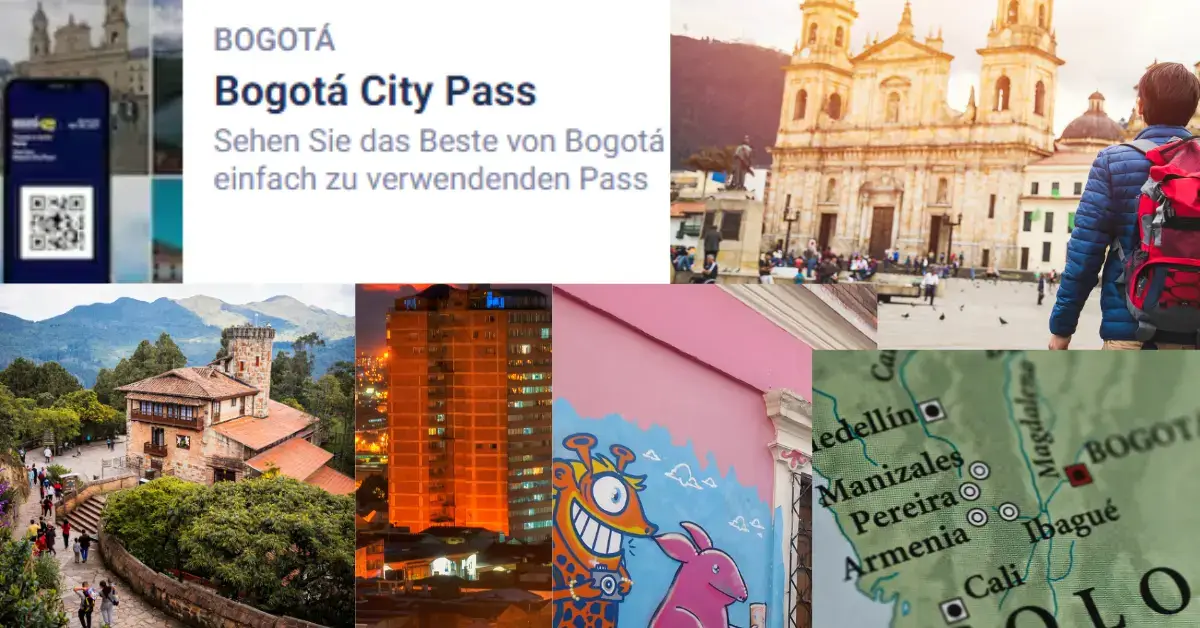 bogota city pass mit plaza de bolivar und monseratte berg sowie downtown abends