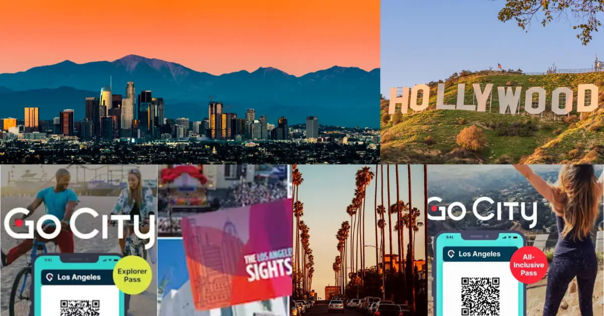 los-angeles-panorama-sunset-and-hollywood-hills-with-sign-and-downtown-LA-boulevard-with-sightseeing passes